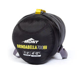 A black Mont Brindabella 700 sleeping bag by Mont, featuring temperature ratings, rolled up and secured with yellow and gray straps.