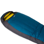 A Mont Brindabella 700 mummy-style down sleeping bag by Mont, featuring a blue and grey exterior, yellow interior, and Hydronaute XT fabric.