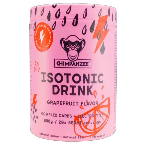Chimpanzee Isotonic Drink Mix 600g by Chimpanzee comes in a pink canister with a chimpanzee logo and promotes complex carbs and electrolytes for better sports performance, grapefruit flavored.