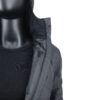 Mannequin wearing a black turtleneck sweater and a dark gray zip-up jacket with the collar turned up, featuring 3 Peaks Men's Merino Synthesis Hooded Puffer with merino wool insulation.