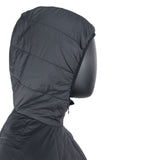 A black mannequin head wearing a 3 Peaks Men's Merino Synthesis Hooded Puffer with Merino wool insulation and Durable Water Repellent finish, viewed from the side against a plain white background.