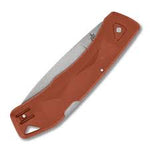 A closed Gerber L.S.T.™ folding knife by Gerber, featuring a partially visible stainless steel blade and an orange handle.