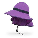 The Sunday Afternoons Shade Goddess by Sunday Afternoons is a purple wide-brimmed hat featuring a black band and chin strap, designed for excellent sun protection and crafted from lightweight fabrics.