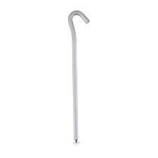 The Coghlan's Aluminium Tent Peg – Single from Coghlan's is a 7-inch aluminium stake with a curved handle and rubber tip, standing upright against a white background, resembling a sturdy cane.