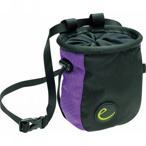 The Edelrid Cosmic Lady violet-night chalkbag features a fleece lining, drawstring closure, belt, and plastic buckle—perfect for rock climbing.