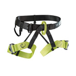 The Edelrid Joker night-oasis vario Harness by Edelrid features black and green colors, adjustable waist and leg straps, metal buckles, and a reinforced belay loop—perfect for climbing gyms or group use.