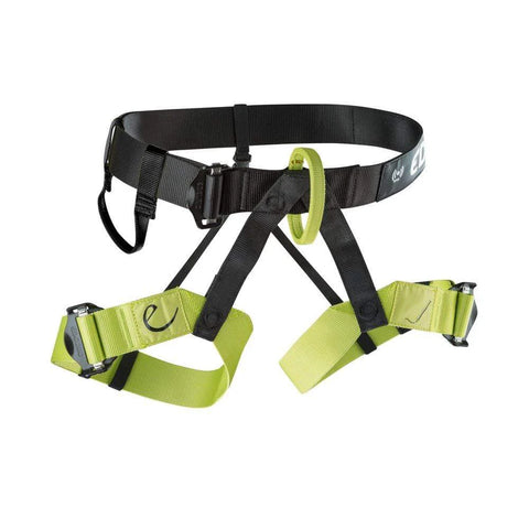 The Edelrid Joker night-oasis vario Harness by Edelrid features black and green colors, adjustable waist and leg straps, metal buckles, and a reinforced belay loop—perfect for climbing gyms or group use.