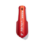 A red Helinox Dirtsaw Duece on a white background, showcasing an ultralight toilet trowel/spade.