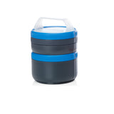 The Sea To Summit Humangear Stax is a two-tiered, stackable food container with leak-tight containers, a blue lid and handle, designed for portable and modular food storage.