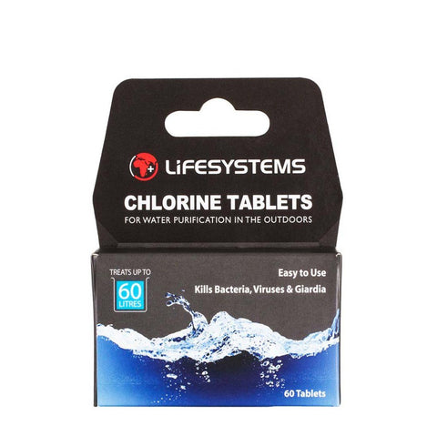 A Lifesystems Chlorine Tablets (60 Tablets) box by lifesystems, for water purification, contains 60 tablets and treats up to 60 liters.