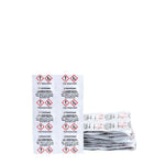 A stack of 60 individually wrapped lifesystems Chlorine Tablets, each pack displaying safety symbols and warning labels.