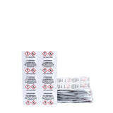 A stack of 60 individually wrapped lifesystems Chlorine Tablets, each pack displaying safety symbols and warning labels.