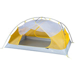 The Mont Moondance EX Tent by Mont is a yellow and grey dome-shaped tent with a mesh canopy and double doors, crafted from durable materials, making it perfect for outdoor camping and ultralight backpacking adventures.