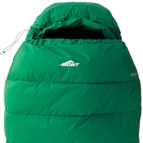 A Mont Zodiac 700 Sleeping Bag in green with a recycled Nylon shell, featuring a drawstring hood and visible stitching, shown upright—ideal for cold weather camping.