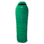 The Mont Zodiac 700 Sleeping Bag by Mont is a green mummy-style sleeping bag, ideal for cold weather camping. It comes with a hood and zipper closure and features a recycled Nylon shell, offering both added warmth and sustainability.