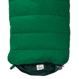 A Mont Zodiac 700 Sleeping Bag, ideal for cold weather camping, is green in color and features a small Mont logo near the bottom with a zipper partially visible along the right edge.