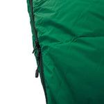 Close-up of the Mont Zodiac 700 Sleeping Bag by Mont, designed for cold weather camping, featuring a partially open black zipper on the left side.