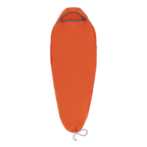 The Sea to Summit Reactor Fleece Sleeping Bag Liner features a bright orange, tapered design with a drawstring closure, enhancing warmth and comfort inside your sleeping bag.