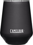 The CamelBak Wine Tumbler Stainless Steel Vacuum Insulated 350ml in black features a brushed metal lid and the brand logo on the front. Its vacuum-insulated design maintains your drink at the perfect temperature, while the non-slip silicone base offers added stability and convenience.