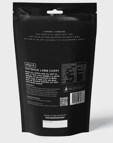 Packaged food product labeled "Offgrid Outback Lamb Curry" featuring preparation instructions and QR code on a black resealable pouch.