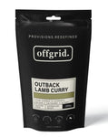 Black food packaging for Offgrid Outback Lamb Curry, featuring slow-cooked, gluten-free Aussie lamb, ready to eat and Australian made from Offgrid.