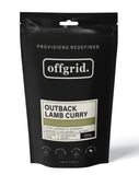 Black food packaging for Offgrid Outback Lamb Curry, featuring slow-cooked, gluten-free Aussie lamb, ready to eat and Australian made from Offgrid.