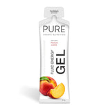 A PURE Fluid Energy Gel Single by Pure Nutrition, with peach juice and a peach image on the front, delivers fast fuel from carbohydrates and electrolytes for optimal performance.