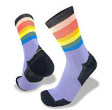 A pair of Wilderness Wear Bamboo Multisport Socks in purple with black heels and toes, featuring horizontal rainbow stripes near the top, offers advanced technology for enhanced breathability.
