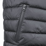 Close-up of the 3 Peaks Men's Down Vest in black, featuring a vertical zippered pocket on a quilted section, showcasing its durable water-repellent finish and high warmth-to-weight ratio.