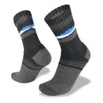 Two black Wilderness Wear Grampians Peak Merino eXtreme Hiker Socks with grey toes and heels, featuring a pattern of white and blue stripes around the upper calf section, crafted from soft merino wool for ultimate comfort.