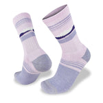 A pair of purple and grey merino socks with a striped pattern around the ankles, featuring extra padding for the Wilderness Wear Grampians Peaks Hiker.