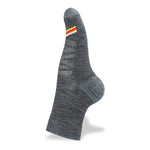 A single grey men's Wilderness Wear Merino Multi Sport sock with a colorful stripe near the cuff, displayed on a mannequin foot. Made from premium Tasmania merino wool, it ensures moisture-wicking comfort.