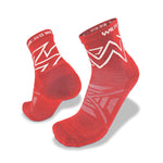 A pair of Wilderness Wear Atmosphere Q Trail Socks in red with white zigzag patterns and "WILDERNESS" on the cuff, designed for moisture management and blister prevention, displayed on a white background.