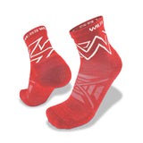 A pair of Wilderness Wear Atmosphere Q Trail Socks in red with white zigzag patterns and "WILDERNESS" on the cuff, designed for moisture management and blister prevention, displayed on a white background.
