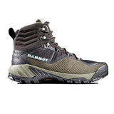 Side view of the Mammut Men's Sapuen High GTX Hiking Boot in grey and black, featuring a rugged Vibram® sole, high ankle support, and lace-up fastening.