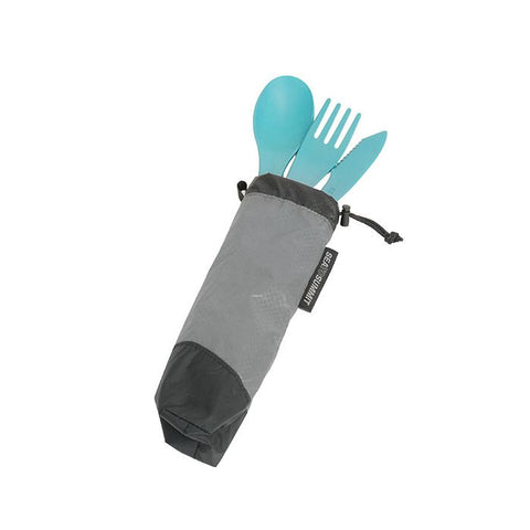 Sea to Summit Ultra-Sil Peg and Utensil Bag in a carry pouch made from Cordura® nylon fabric, including a fork, knife, and spoon.