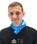 A person wearing a black T8 shirt and a blue patterned T8 Ice Bandana, standing against a plain white background for ultimate running comfort.