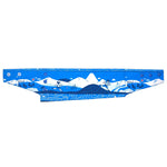 The T8 Ice Bandana features a blue and white minimalist cartoon mountain landscape with trees, hills, and skiers. Trail tested by T8 for running comfort, this stylish neck cooler keeps you comfortable on every adventure.