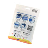 White T8 packaging pouch with blue illustrations and instructions for using the T8 Ice Bandana, including tips for heat relief and proper wear; QR code and contact info are also displayed.