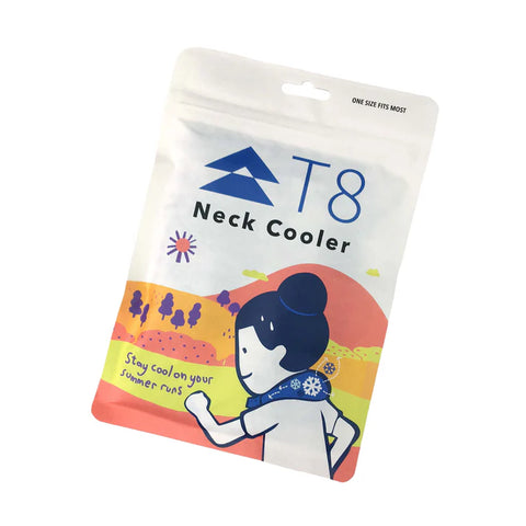 A package labeled "T8 Ice Bandana" from T8 features an illustration of someone wearing the product and the text, "Stay cool on your summer runs with heat-beating running comfort.