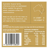A label for Offgrid 70% Dark Chocolate Wattleseed and Praline Caramel Crunch, highlighting its use, nutritional information, and packaging details.