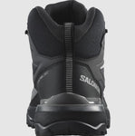 A rear view of a black and gray Salomon hiking shoe labeled "Salomon Men's X Ultra 360 GTX MID" with a visible pull loop at the heel, featuring durable Contagrip soles for superior traction.