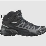 A black and gray Salomon Men's X Ultra 360 GTX MID with a rugged Contagrip sole, mid-ankle support, and the brand "Salomon" on the side.