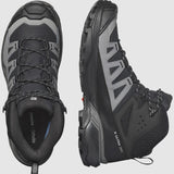 A pair of black and grey athletic shoes, with one shoe shown from the top and the other from the side. These Salomon hiking shoes feature a rugged Contagrip sole and "Salomon Men's X Ultra 360 GTX MID" text on the side, offering durability for any adventure.