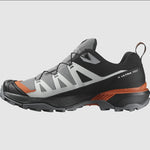 The Salomon Men's X Ultra 360 GTX by Salomon is a rugged outdoor hiking shoe in gray with white and orange accents, featuring a thick, durable Contagrip sole and a lace-up closure.