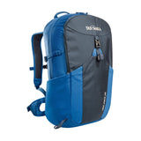 A blue and grey Tatonka Hike Pack with shoulder straps, a front pocket, side pockets, and a top handle, designed for outdoor use. The ventilated mesh back panel ensures comfort on your adventures.