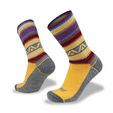 A pair of yellow Wilderness Wear Merino Fusion Max Socks with multi colored stripes, featuring CLIMAYARN® technology for extra warmth and cushioning.