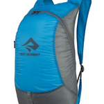 A 20L capacity Sea to Summit Ultrasil Day Pack backpack made from 30D Siliconized Cordura fabric, in a blue and gray color, featuring the word summit.