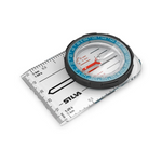 A transparent baseplate field compass with a black rotating bezel and a magnetic needle, perfect for entry-level adventurers. It features rulers and a scale for map reading, marked with the trusted brand name Silva Field Compass MS.