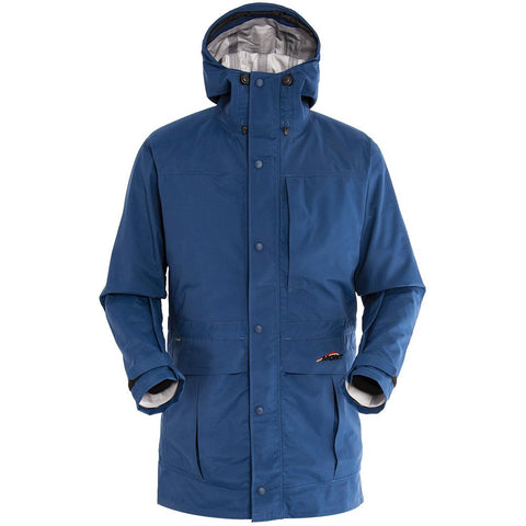 A blue Mont Men's Austral JKT with a hood, multiple front pockets, and adjustable cuffs, perfect for bushwalking rain. Made from durable Hydronaute fabric.